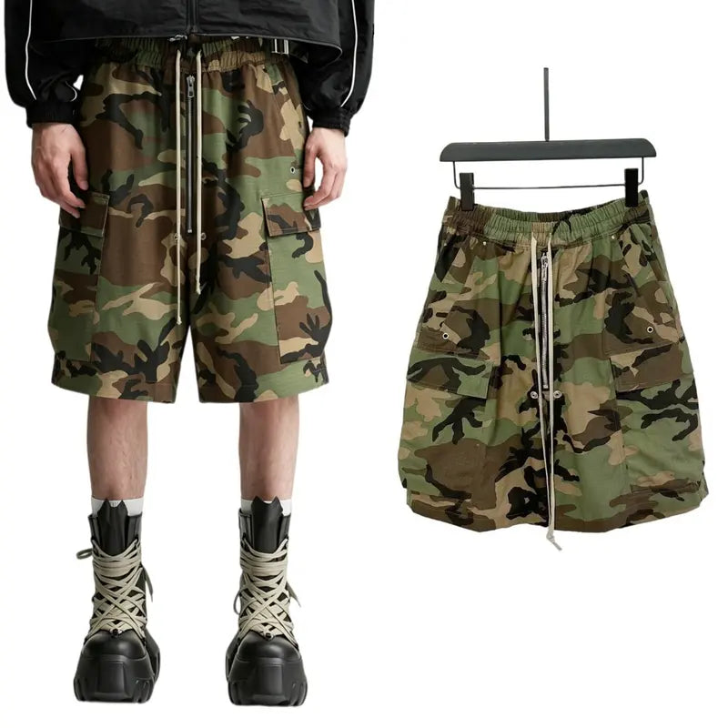 New summer men’s shorts featuring a camouflage drawstring design, zipper closure, and studded accents; street-style retro men’s shorts; casual, versatile wide-leg shorts with large pockets. #fathersdaygift #SummerWins