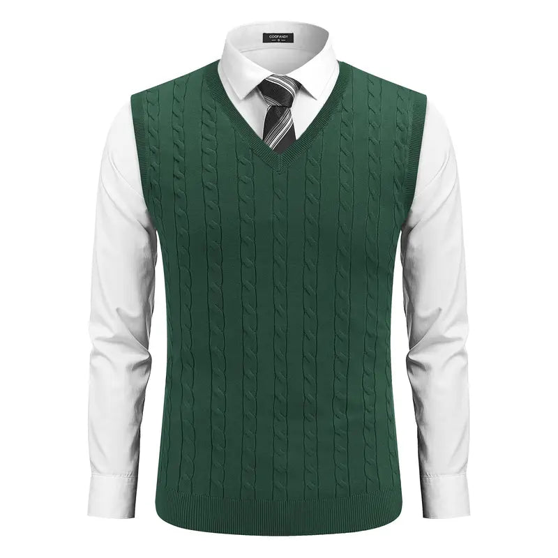 COOFANDY Menswear Men's V-Neck Slim-Fit Ribbed Cable-Knitted Sleeveless Pullover Sweater Vest, Stretchable Soft Lightweight Polyester Fabric, Machine Washable US Sizes, Formal-Casual Thermal Tops for Business Office