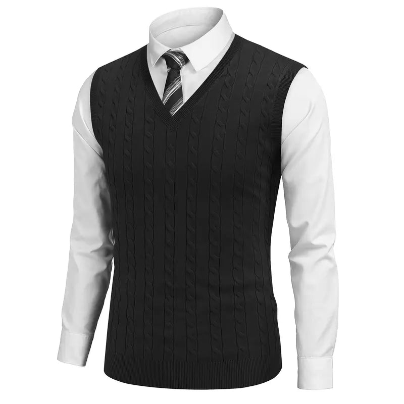 COOFANDY Menswear Men's V-Neck Slim-Fit Ribbed Cable-Knitted Sleeveless Pullover Sweater Vest, Stretchable Soft Lightweight Polyester Fabric, Machine Washable US Sizes, Formal-Casual Thermal Tops for Business Office