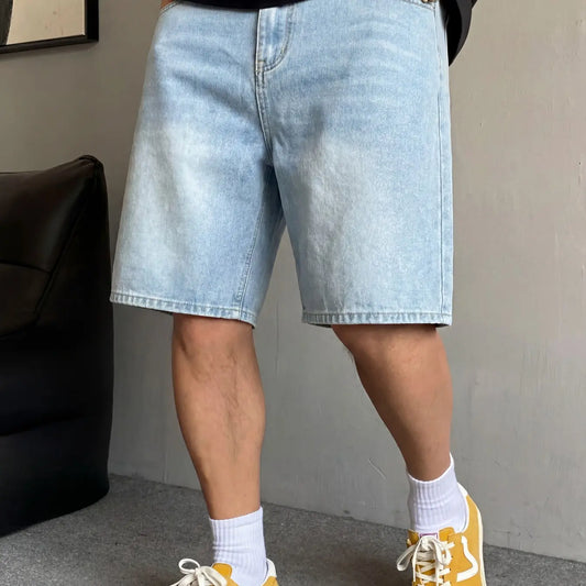 Men's basic vintage wash straight-leg Jean Classic denim shorts, Pocket, casual, Streetwear, versatile, and comfortable. Non-stretch denim shorts with a regular straight-leg fit. If you prefer a looser feel, you can size up.