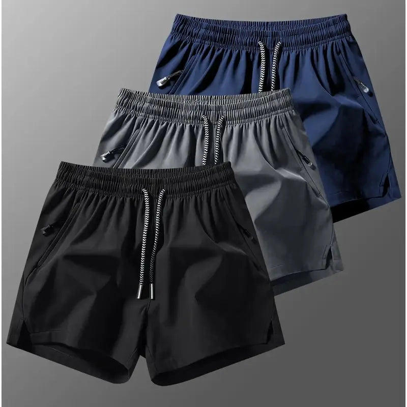 Men's 3-Counts Plain Solid Drawstring Shorts - Male Clothing, Drawstring Hold Fit, Casual Athletic Men's Shorts, Zipper Pockets, Chic Preppy Fitted Cut, Breathable Elastic Waist, Machine Washable Athleisure Bottoms, Athleisure to Beach