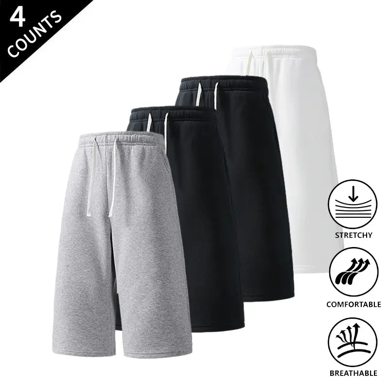 Men's Plain Fabric Casual Lounge Capri Pants (4-Pack) - Elastic Waist, Soft, Expandable, Above the Knee Everyday Cropped Bottoms in Coffee+Black+Light Gray+Rose Red, Light Gray+Black+Rose Red+Dark Gray, Rose Red+Navy Blue+Black+Light Gray