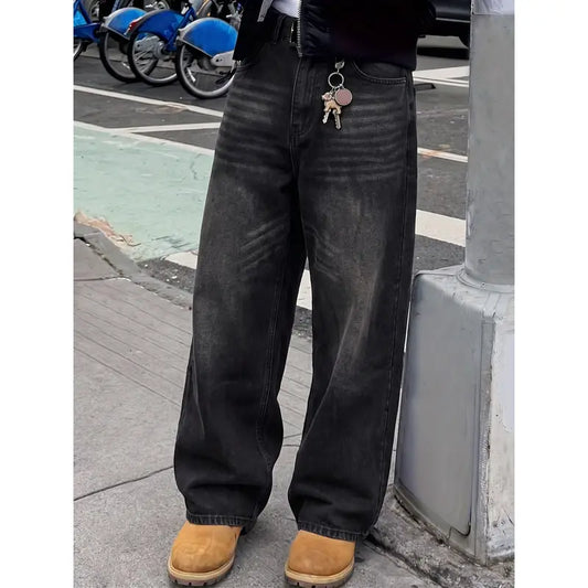 Men's 90s Retro Whisker Art Wide-Leg Jeans - Alt Grunge Skate-Cool Style, Gradient Faded Black, Baggy Distressed Denim, 5-pocket Carry, Button Closure, Unisex Inspired Fashion Casual Bottoms