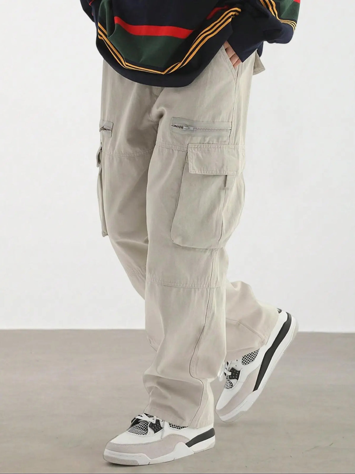 Men's Plain Loose Fitting Drawstring Waist Casual Cargo Pants, Loose Street Fashion Zipper Casual Slant Pocket Trousers, Pants for Men, Summer Work Outfits, Men's Bottoms, Casual Streetwear Trousers, Adjustable Waist Pants