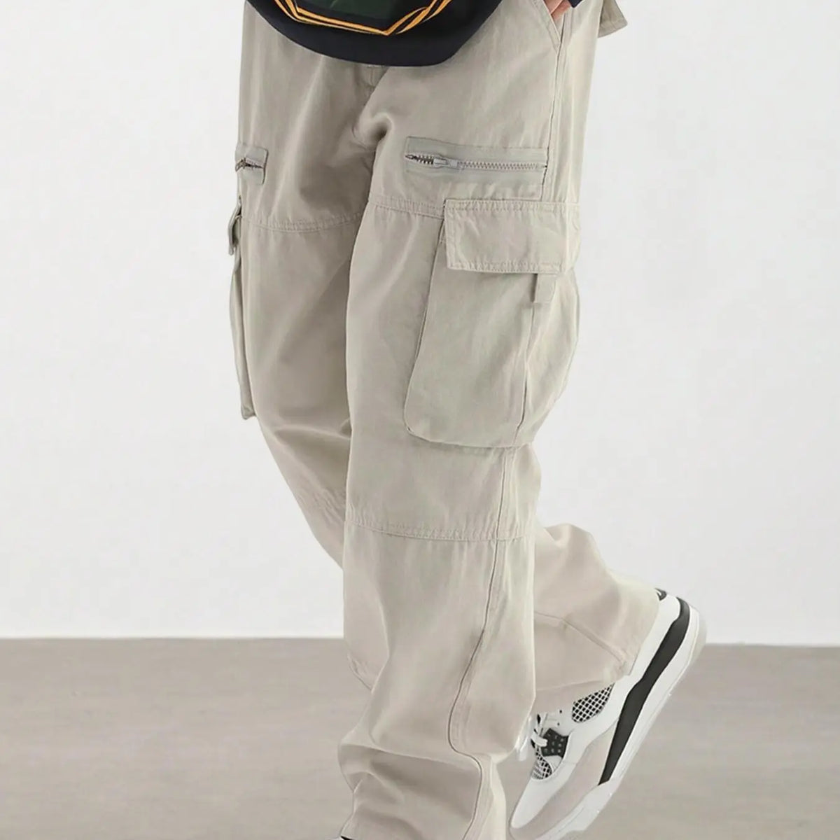 Men's Plain Loose Fitting Drawstring Waist Casual Cargo Pants, Loose Street Fashion Zipper Casual Slant Pocket Trousers, Pants for Men, Summer Work Outfits, Men's Bottoms, Casual Streetwear Trousers, Adjustable Waist Pants