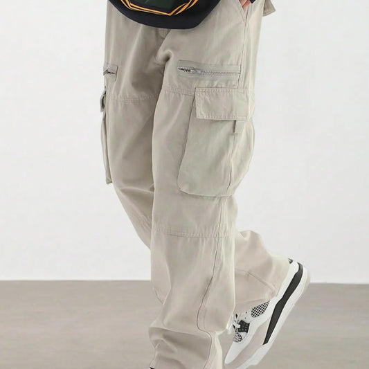 Men's Plain Loose Fitting Drawstring Waist Casual Cargo Pants, Loose Street Fashion Zipper Casual Slant Pocket Trousers, Pants for Men, Summer Work Outfits, Men's Bottoms, Casual Streetwear Trousers, Adjustable Waist Pants