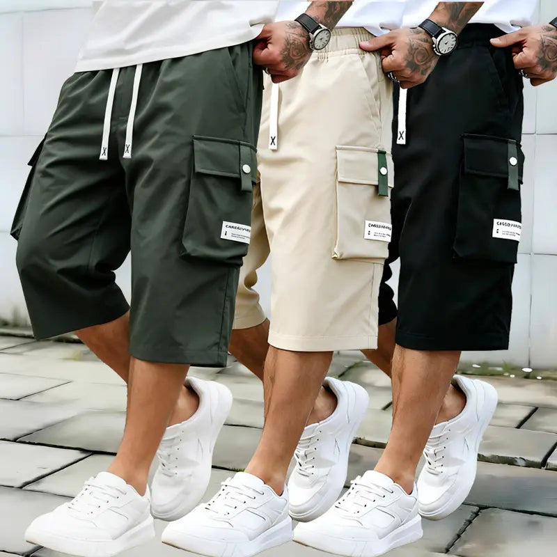 Set of 3 men’s summer casual cargo shorts — elastic waistband design, multiple pockets and letter appliqué pattern decorations, regular fit with a mid-rise waist, non-stretch fabric suitable for everyday wear and leisure activities, non-see-through fabric