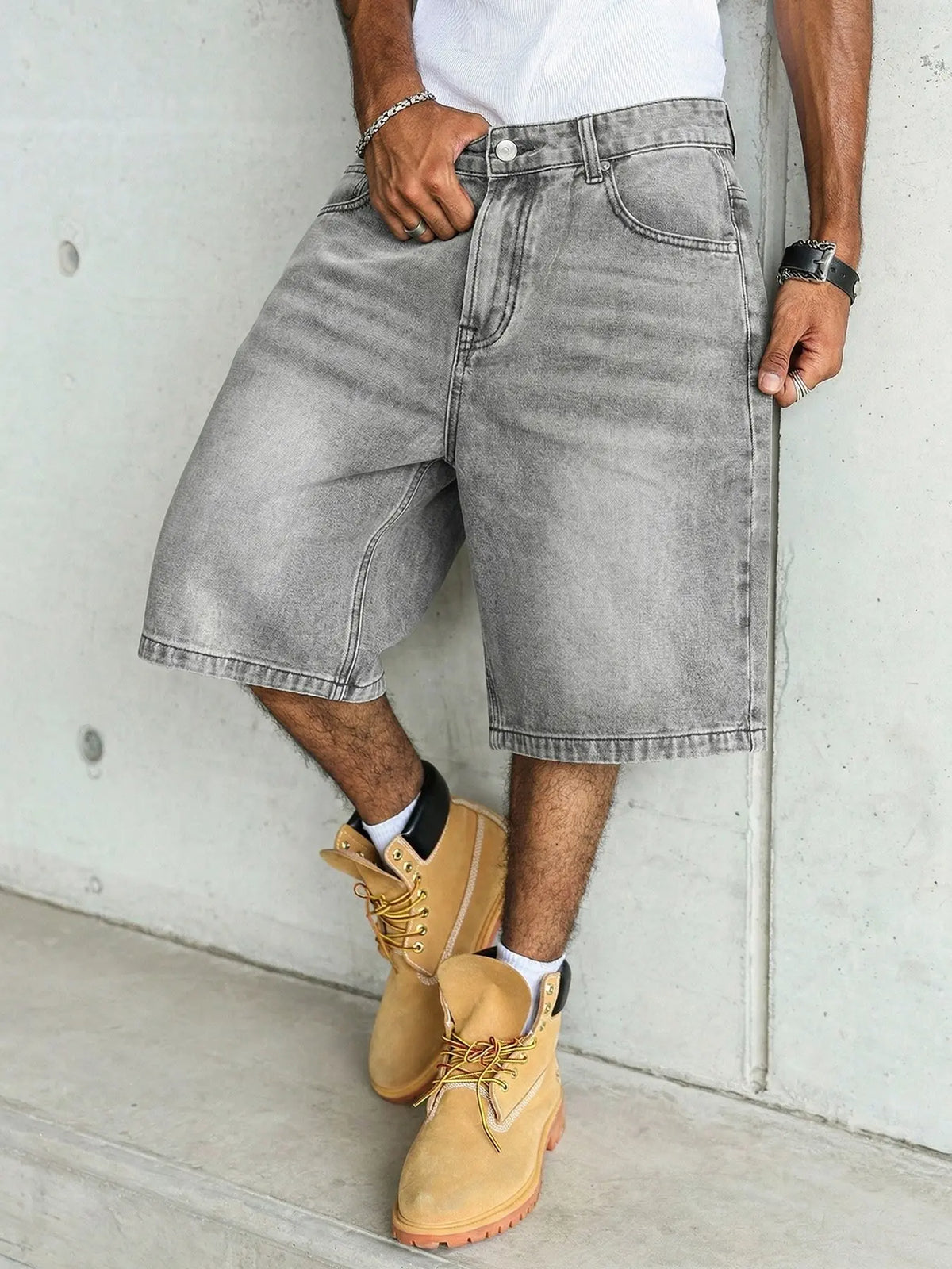 Men's Loose Fit Oversize Wide Leg Casual Fashion Denim Shorts, Classic Street Style, Plain Color with Pocket Design