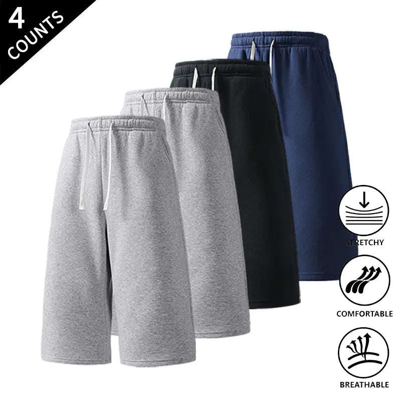 Men's Plain Fabric Casual Lounge Capri Pants (4-Pack) - Elastic Waist, Soft, Expandable, Above the Knee Everyday Cropped Bottoms in Coffee+Black+Light Gray+Rose Red, Light Gray+Black+Rose Red+Dark Gray, Rose Red+Navy Blue+Black+Light Gray