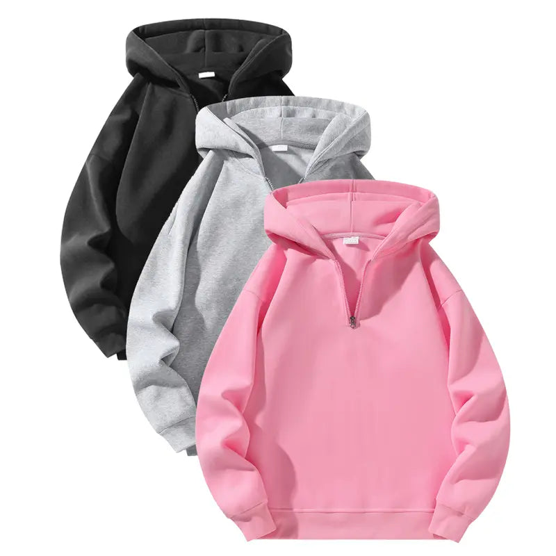 Men’s essential half-zip long-sleeve hoodie — solid color, comfortable, relaxed drop-shoulder fit, loose silhouette, casual street style, 100% polyester fiber, suitable for autumn, modern fashionable men’s top, solid-color men’s sweatshirt