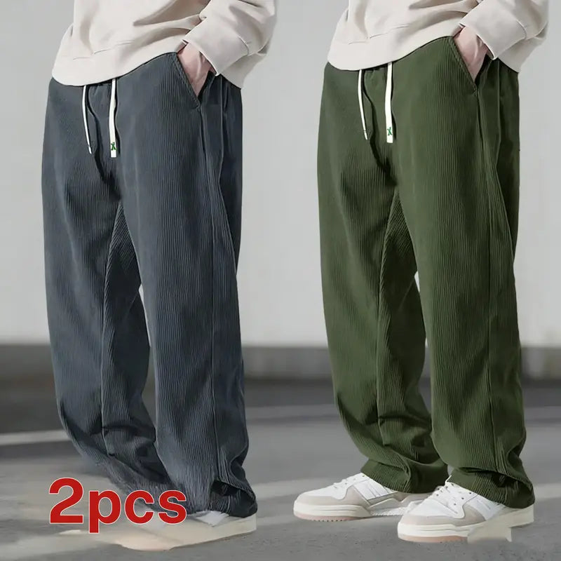 Men's Autumn Corduroy Casual Pants (2 Pairs) - Menswear Plain Trouser, 100% Polyester Clothing, Lightweight Loose Straight-Leg, Drawstring Waist Adapts to Your Fit