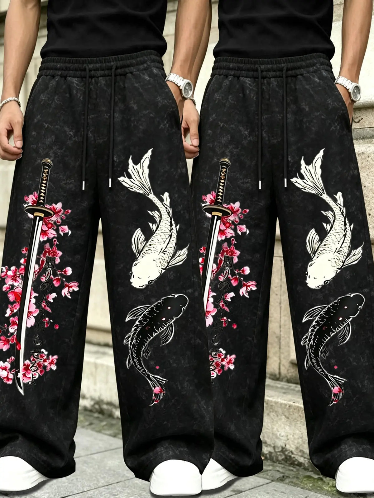 Viral 2-Pack Men's Oversized Sweatpants, Japanese Koi Fish, Katana & Cherry Blossom Print, Samurai Streetwear Casual Baggy Wide-Leg Trousers for Men