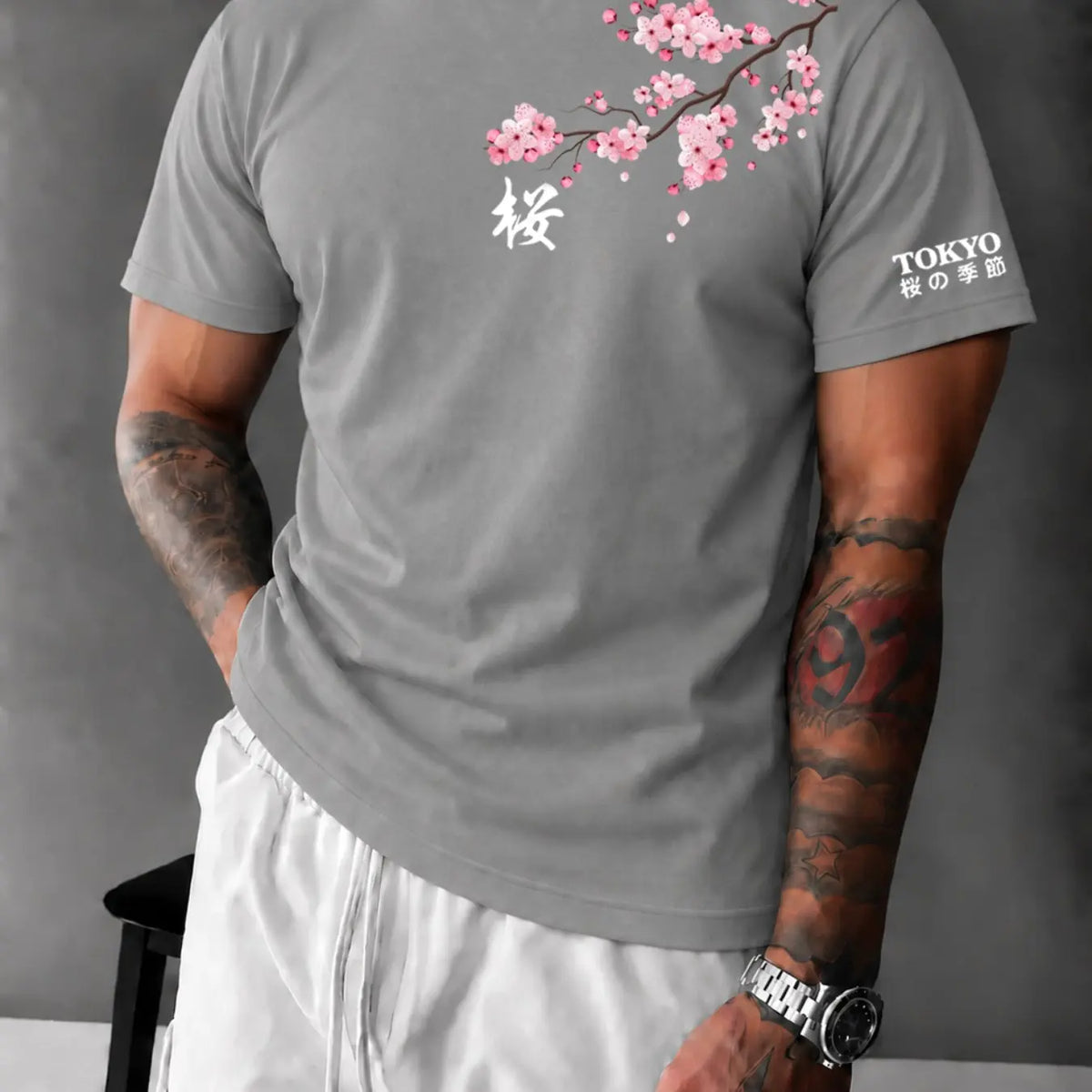 Men's Tokyo Cherry Blossom Fitted T‑Shirt, Casual Japanese Streetwear Tee, Breathable Soft Summer Top#CherryBlossomTee #TokyoStreetwear #JapanesePrintTShirt #FittedTee #TikTokMadeMeBuyIt #StreetwearFashion #SummerTees