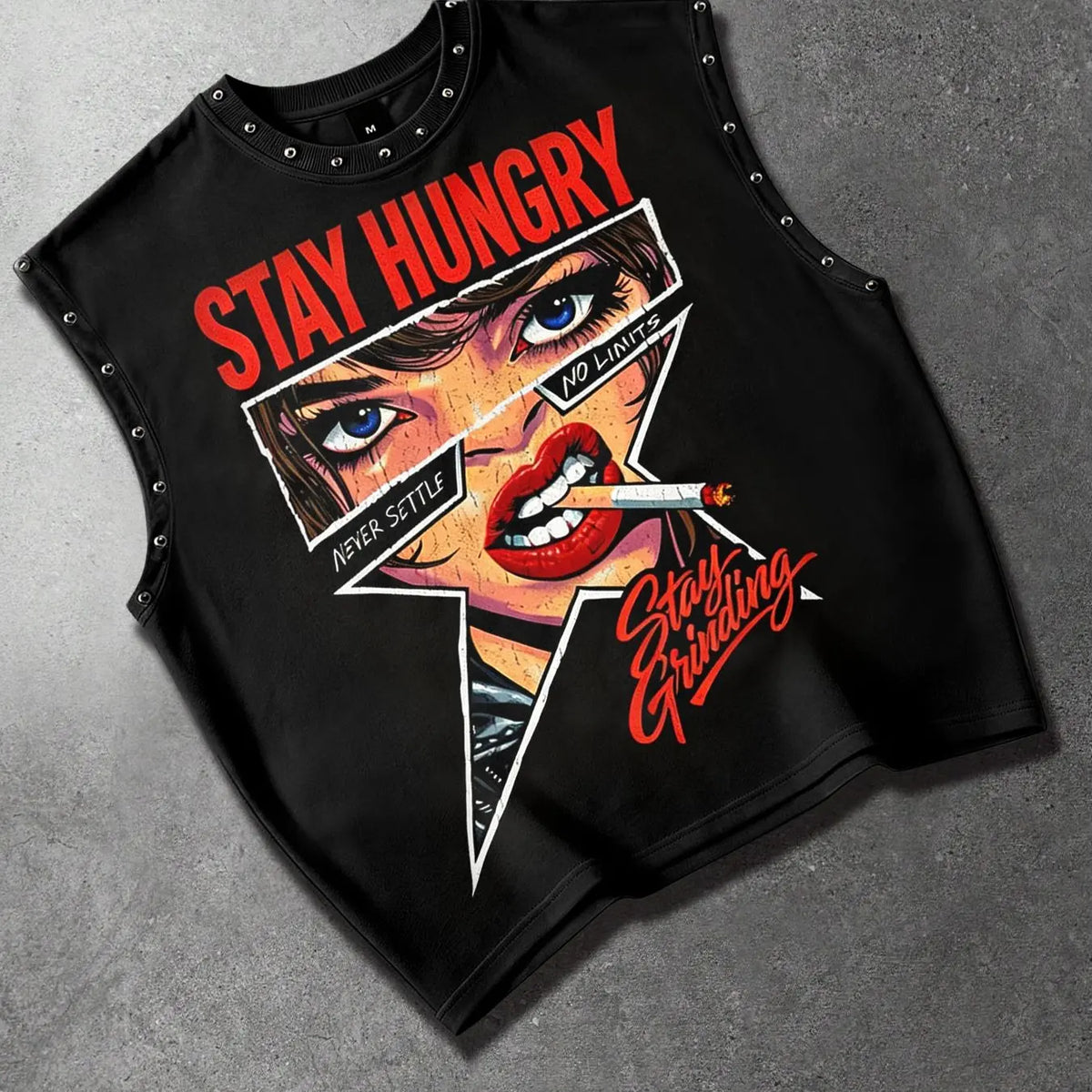 American street style comic book girl studded vest, retro slogan print men's vest, graphic print vest, unisex vest, loose sleeveless casual men's vest, everyday street style, Classic Tops