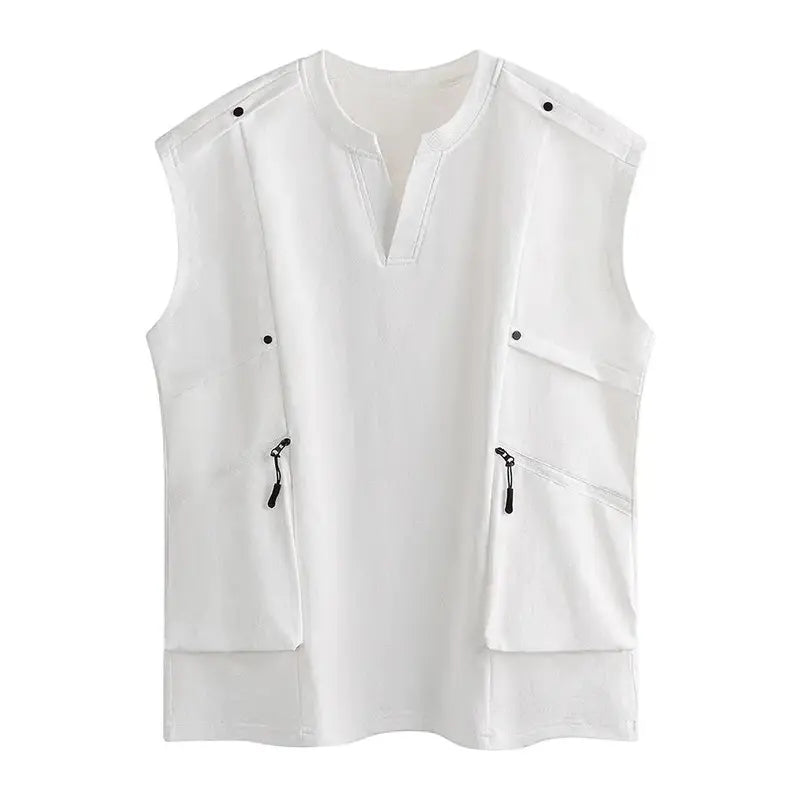 Men's Chic Cargo Vest - Casual Loose-Fit Polyester Sleeveless Top with Stand Collar, V-Neck, Stud Accents, Zipper Pockets