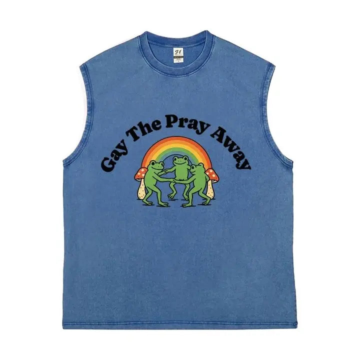 Vintage Washed Sleeveless Tank Top - 100% Cotton Casual Streetwear, Relaxed Loose Fit, Distressed Retro Muscle Tee with Rainbow Dancing Frog Mushroom Cartoon Print for LGBTQ Pride, Summer