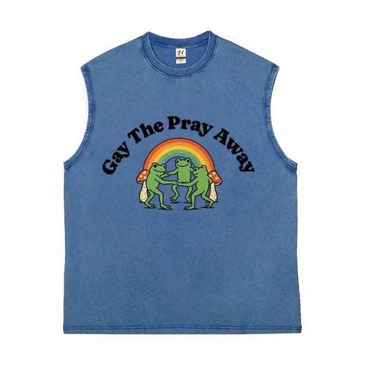 Vintage Washed Sleeveless Tank Top - 100% Cotton Casual Streetwear, Relaxed Loose Fit, Distressed Retro Muscle Tee with Rainbow Dancing Frog Mushroom Cartoon Print for LGBTQ Pride, Summer