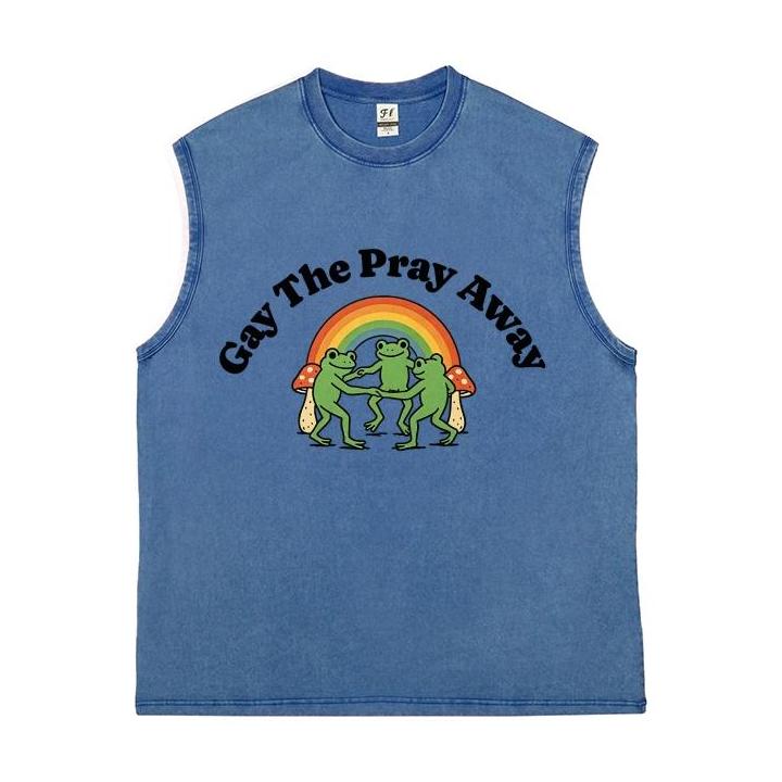 Vintage Washed Sleeveless Tank Top - 100% Cotton Casual Streetwear, Relaxed Loose Fit, Distressed Retro Muscle Tee with Rainbow Dancing Frog Mushroom Cartoon Print for LGBTQ Pride, Summer