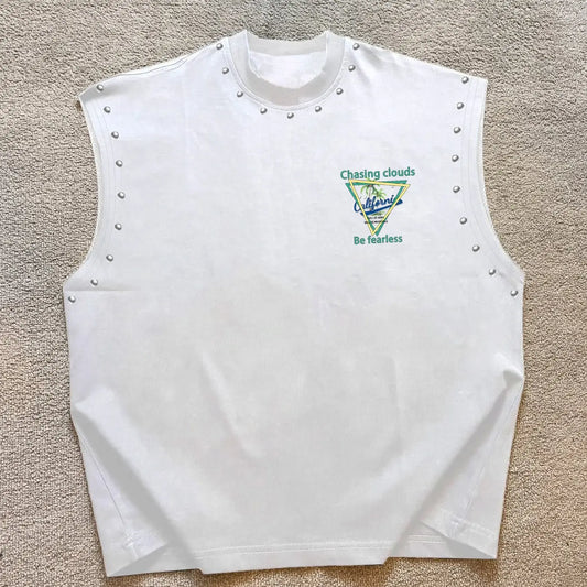 Men's Sleeveless Vest, California Vacation Print Round Neck Rivet Vest, Suitable for Beach, Streetwear, Casual Parties, Unisex