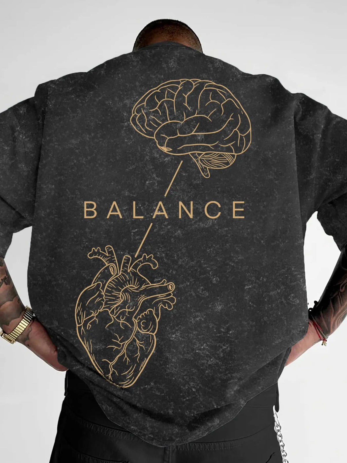 Men's "BALANCE" Brain & Heart Print Washed T-Shirt, Casual Streetwear Short Sleeve Tee, Minimalist Graphic Top, Menswear Graphic T Shirts #BalanceTee #BrainHeartPrint #WashedStreetwear #MinimalistTShirt #TikTokMadeMeBuyIt