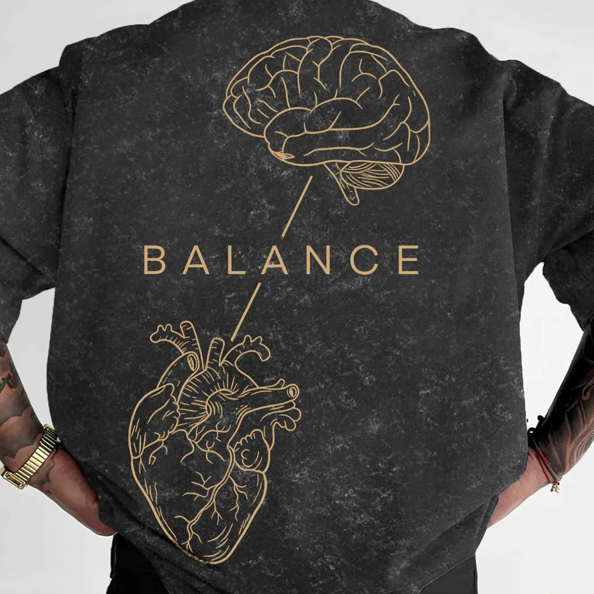 Men's "BALANCE" Brain & Heart Print Washed T-Shirt, Casual Streetwear Short Sleeve Tee, Minimalist Graphic Top, Menswear Graphic T Shirts #BalanceTee #BrainHeartPrint #WashedStreetwear #MinimalistTShirt #TikTokMadeMeBuyIt