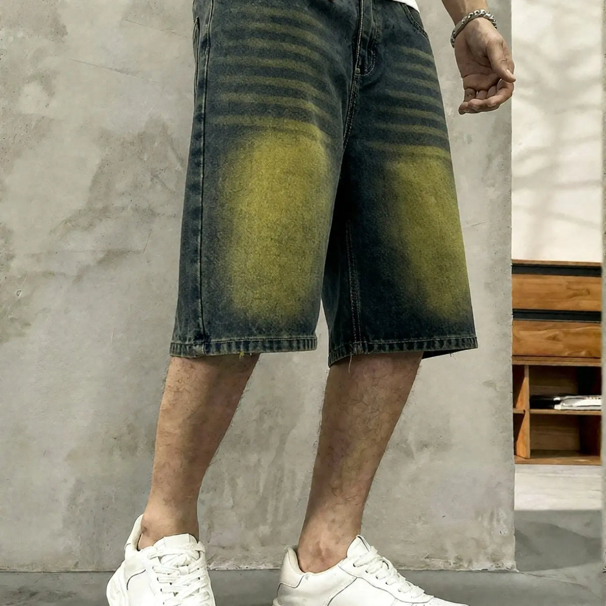 Men's washed retro color denim shorts, Denim Look, trendy, versatile, loose straight-leg casual streetwear denim five-point pants