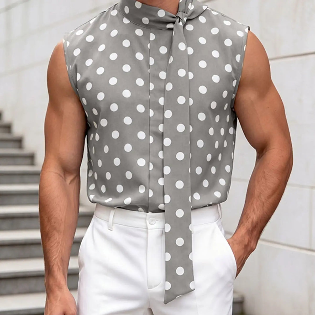INCERUN Men's Casual Fashion Tank Top, Floral Polka Dot Ribbon Tie Backless Sleeveless Vest, Perfect for Daily Wear, Stylish and Comfortable Design