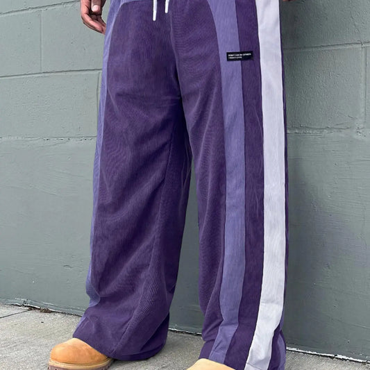 Father's Day Gift，Men's Colorblock Letter Patched Loose Fitting Drawstring Waist Corduroy Baggy Pants, Loose Casual Comfy Straight Leg Trousers for Daily Wear, Fashion Men's Bottoms for All Seasons, Menswear