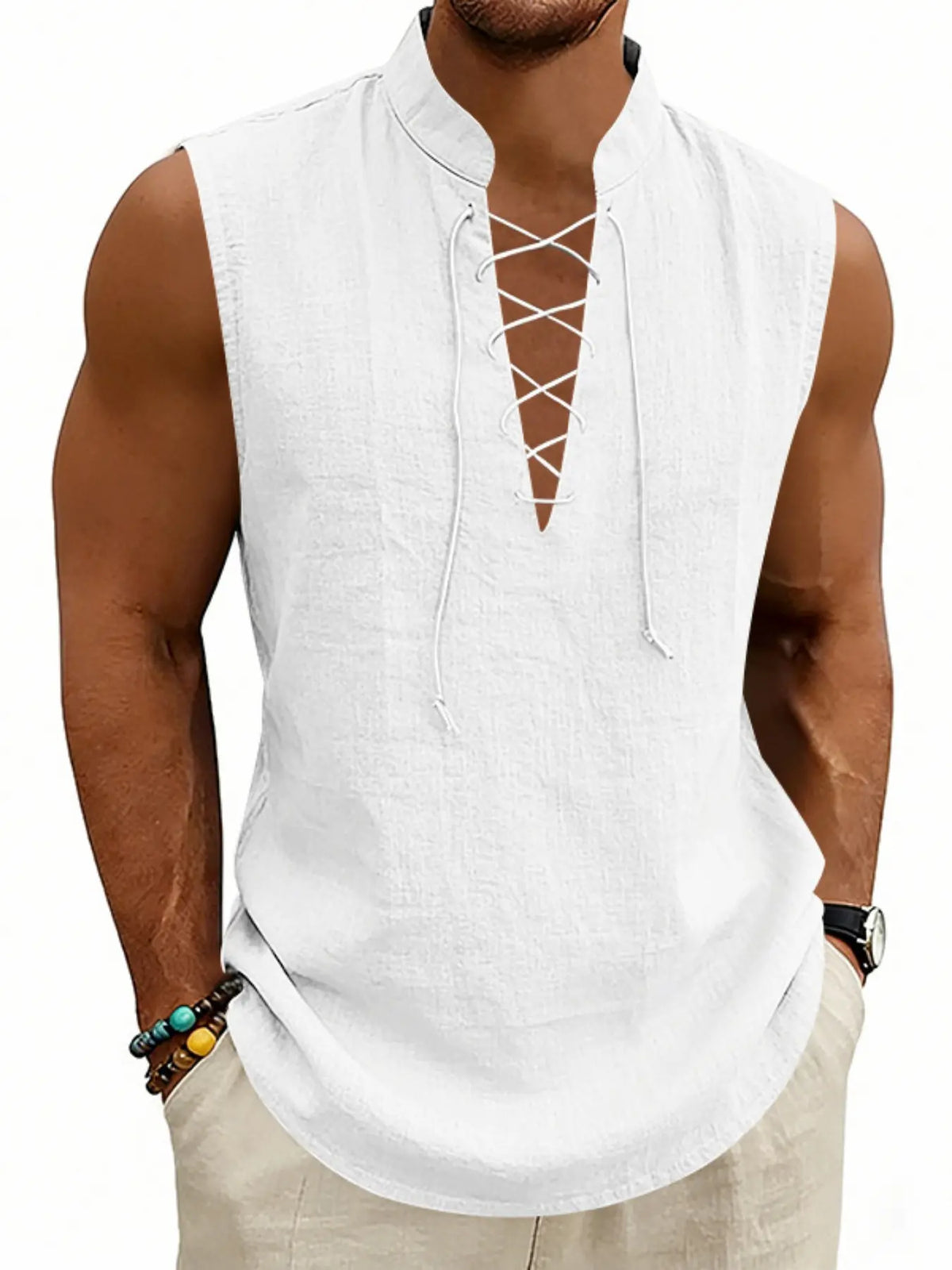 2026 American Summer Loose Men's Viking Medieval Drawstring Linen Breathable Sleeveless Tank Top Vest, Comfortable and Stylish Unisex Design, Loose Fitting Vest