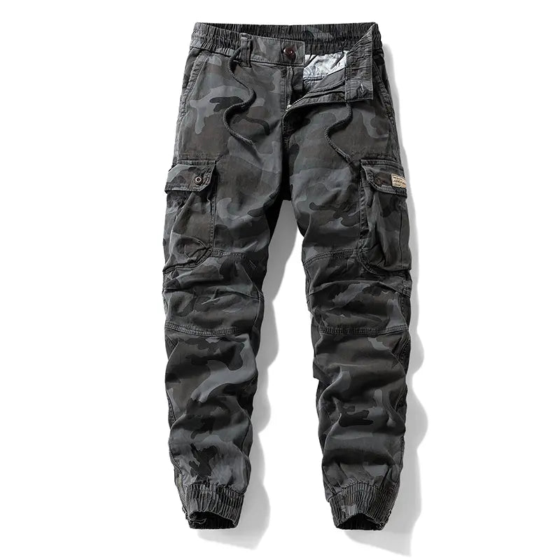 Men's Loose Casual Cargo Pants - Black Menswear with Drawstring Cuffs, Multiple Pockets, Drawstring Fit, Stylish Retro Casual Edge, All Seasons, Back to School First Day Outfits