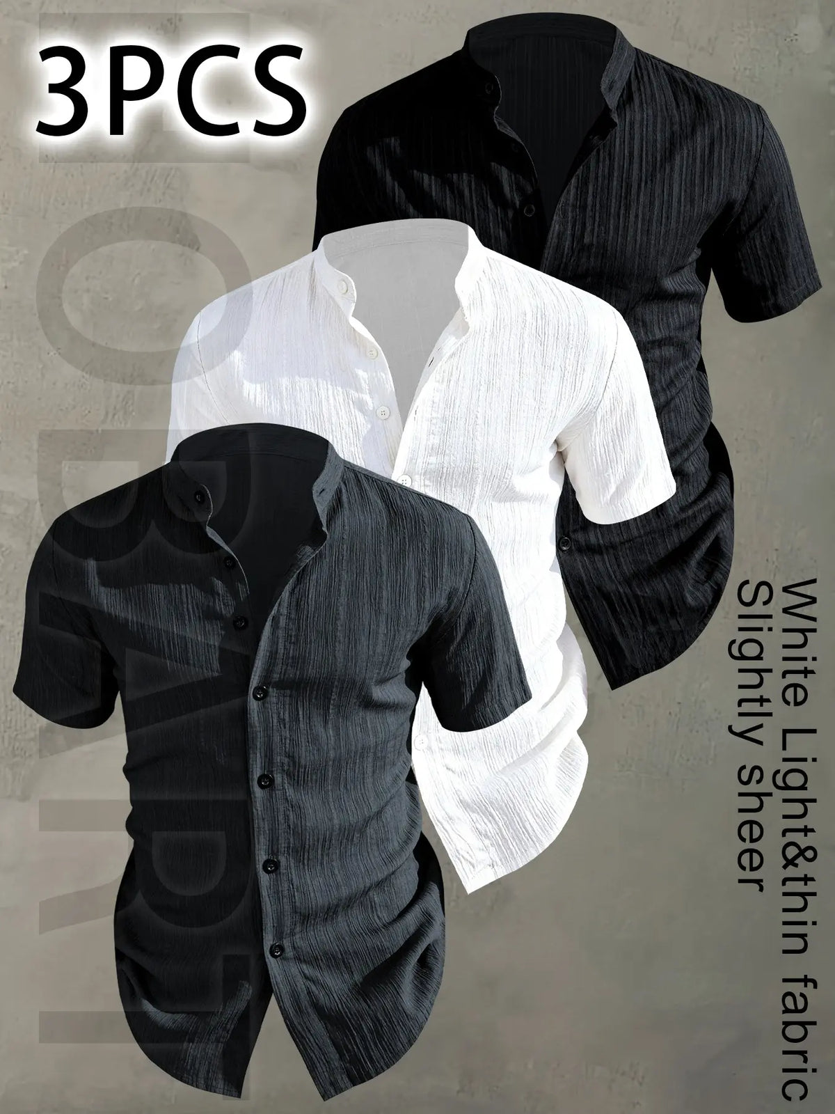 3pcs Set Men's Summer Short Sleeve - Lightweight Breathable Plain Color Button-Up Casual Shirt with Stand Collar, Low-cut collar designr Beach Vacation, Pool Party & Casual Attire, Beach Shirt, Collared Fitted Shirt, gift for husband