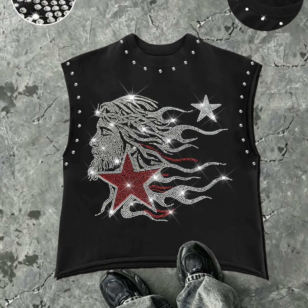 Men's Casual Sleeveless Vest with Rhinestone Design, Flame Hair Portrait and Star Pattern, Comfortable Fit for Outdoor Events