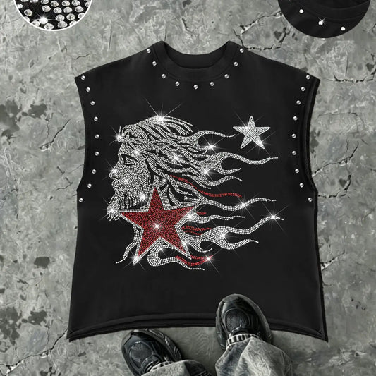 Men's Casual Sleeveless Vest with Rhinestone Design, Flame Hair Portrait and Star Pattern, Comfortable Fit for Outdoor Events