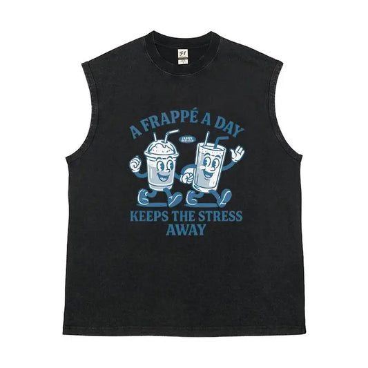 Men's 100% Cotton Breathable Loose Vintage Acid-Washed Relaxed Fit Distressed Sleeveless Cut-Off Crew Neck Muscle Tank Top - Menswear Cargo Fabric Casual Streetwear with "A Frappe A Day Keeps Stress Away" Retro Print (Multiple Colors)