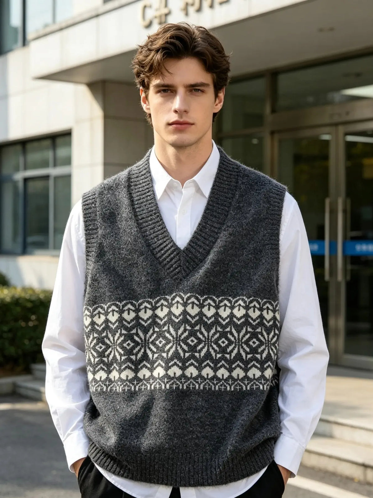 Men's Embroidered V-Neck Knit Vest, Loose College Style Sleeveless Sweater Vest, Vintage Geometric Pattern Fall Layering Cardigan