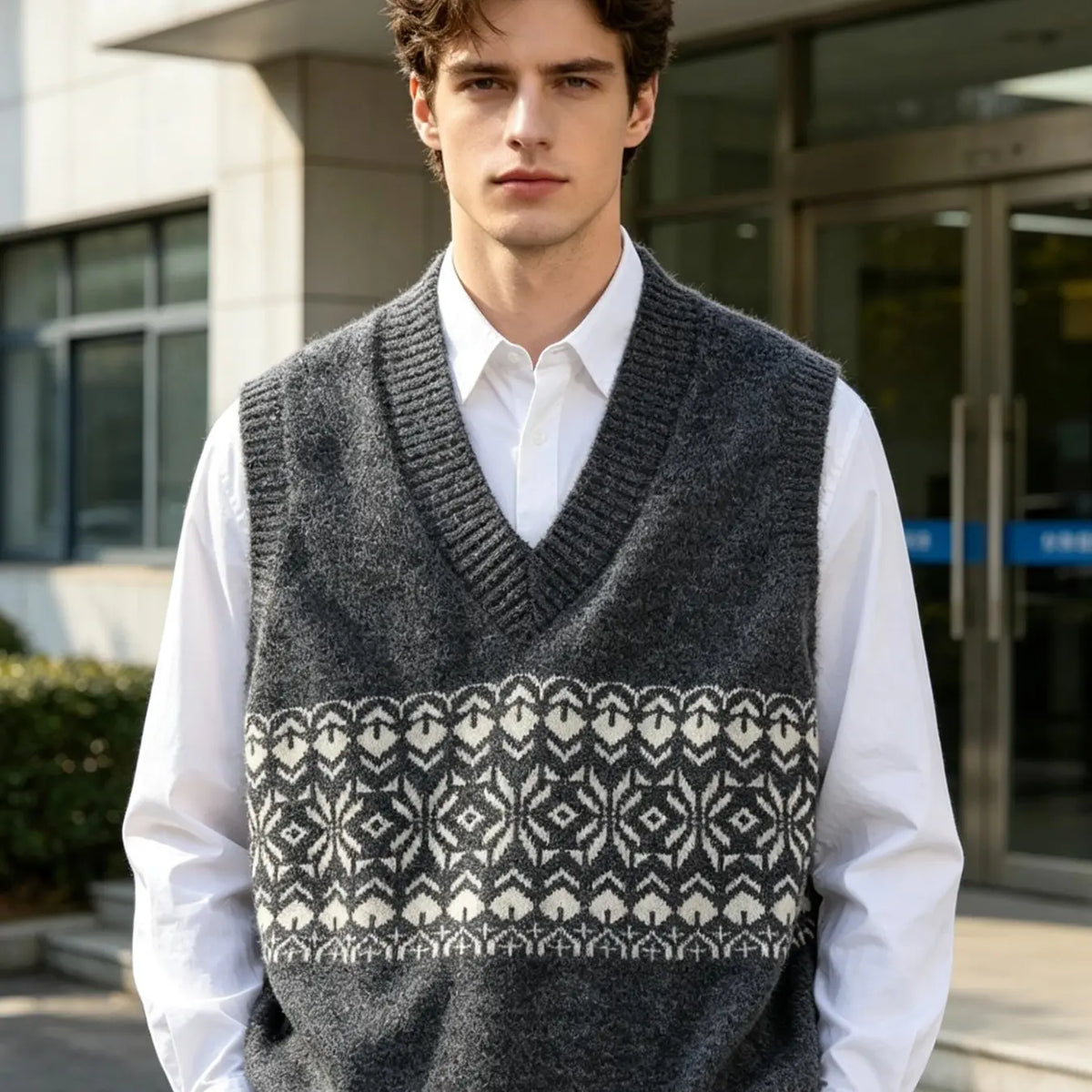 Men's Embroidered V-Neck Knit Vest, Loose College Style Sleeveless Sweater Vest, Vintage Geometric Pattern Fall Layering Cardigan