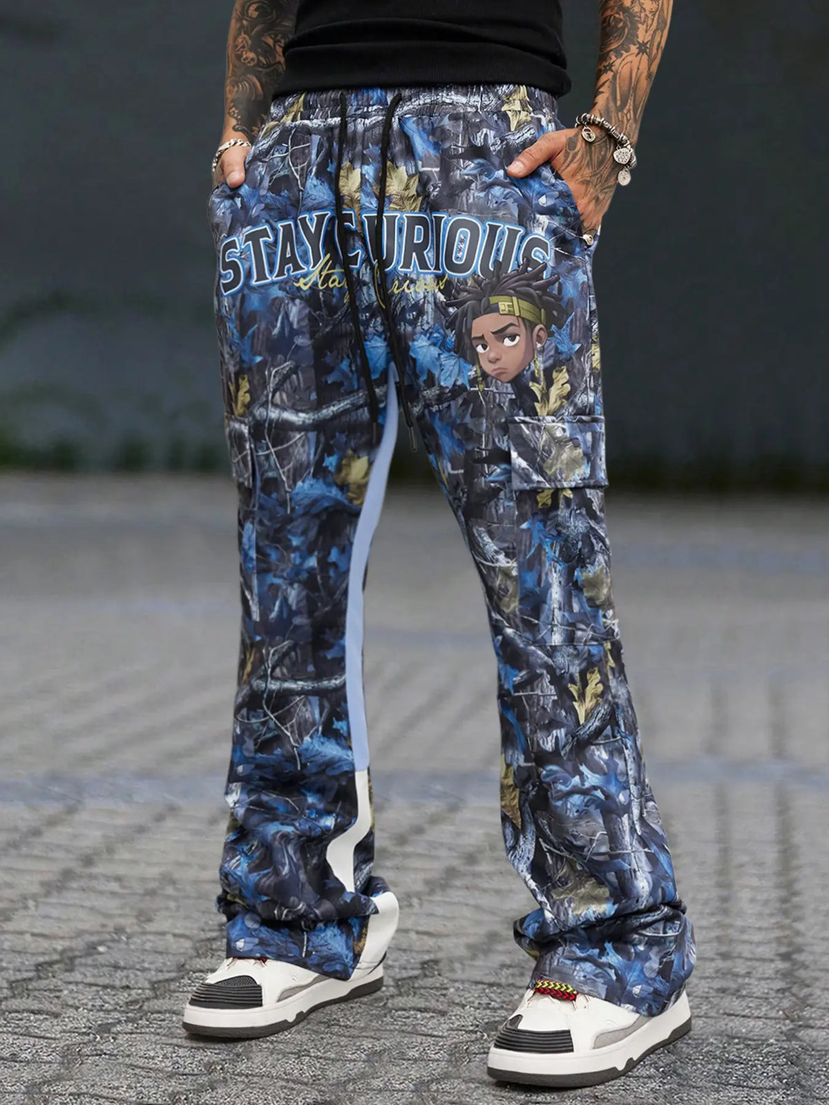 Unisex Regular Fit Flared Camo Print Camouflage Drawstring Waist Cargo Pants, Men's Street Fashion Casual Cargo Style Fashionable Pocket Trousers For Daily Wear, Fashion Men's Bottoms For All Seasons, Casual Streetwear Trousers, Streetwear Clothing