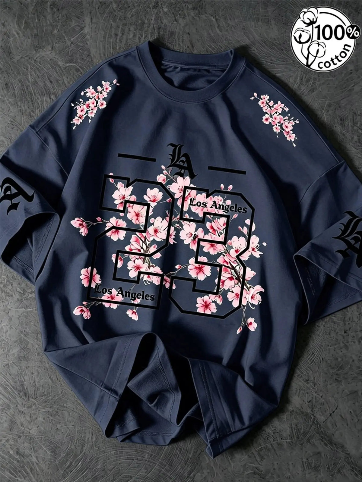 Unisex 100% Cotton Oversized Round Neck Aesthetic T-Shirt, Los Angeles 23 Gothic Cherry Blossom Print, Y2K Streetwear Top