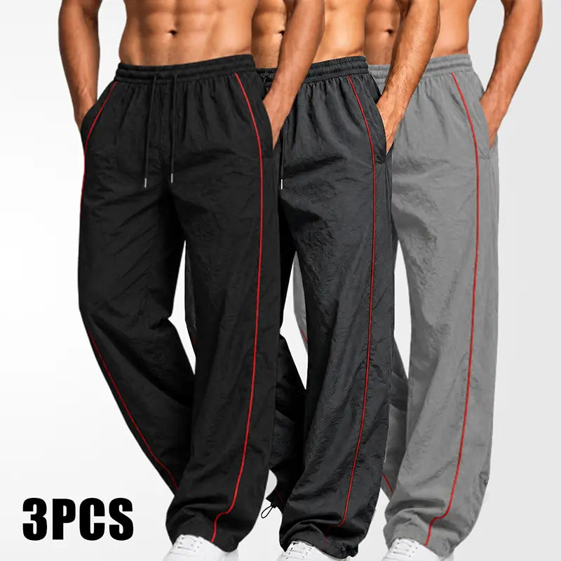 Men's Lightweight Breathable Wide Leg Pants - Reflective Stripe Casual Track Pants with Adjustable Drawstring & Cuffs