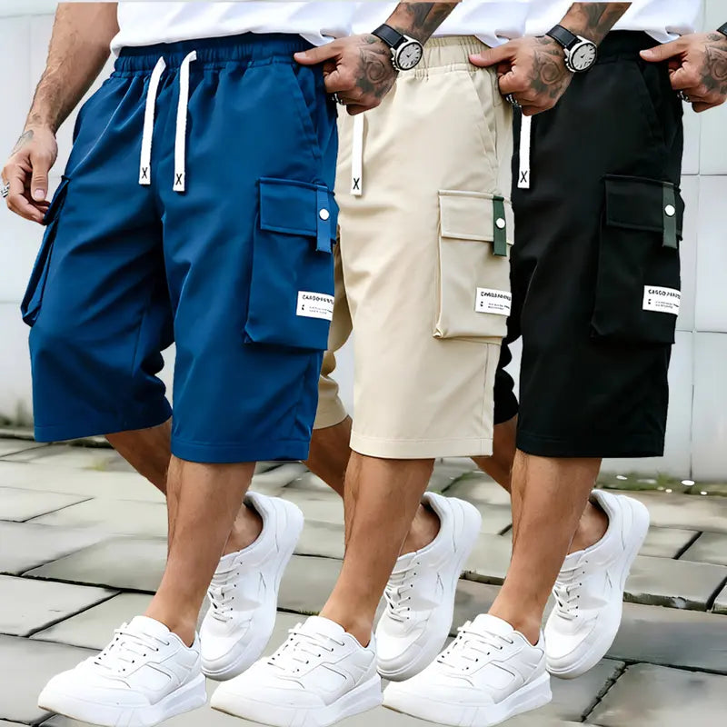 Set of 3 men’s summer casual cargo shorts — elastic waistband design, multiple pockets and letter appliqué pattern decorations, regular fit with a mid-rise waist, non-stretch fabric suitable for everyday wear and leisure activities, non-see-through fabric