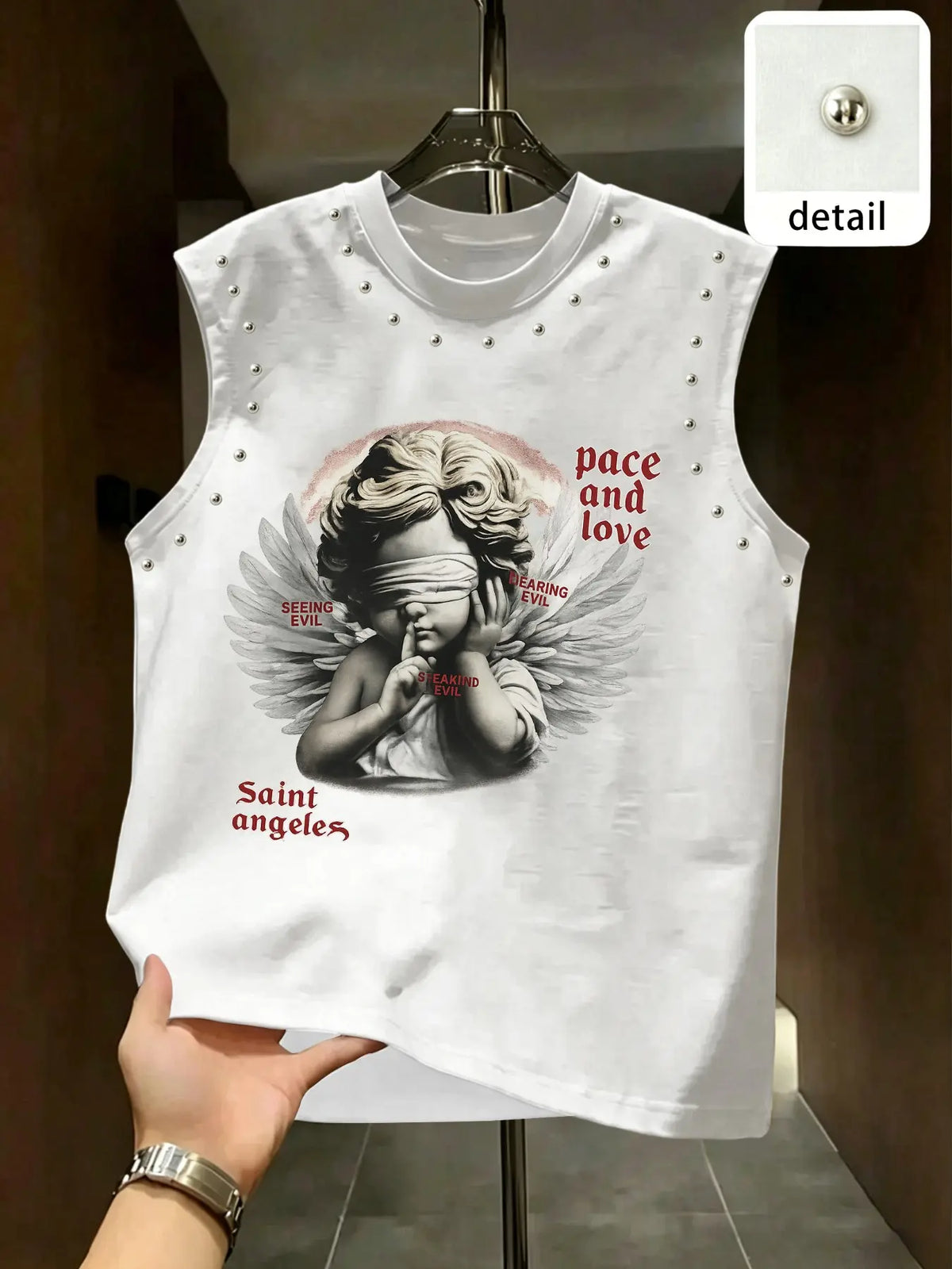 Men's Blindfolded Angel Rivet Sleeveless Vest, Vintage Classic Letter Print Cape, American High Street Fashion, Loose-Fitting Oversized Street Style Streetwear Top