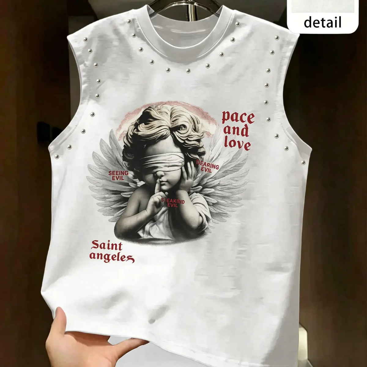 Men's Blindfolded Angel Rivet Sleeveless Vest, Vintage Classic Letter Print Cape, American High Street Fashion, Loose-Fitting Oversized Street Style Streetwear Top