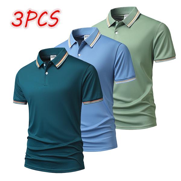 3-pack men's polo shirts with striped collar and cuffs, available in multiple color combinations, perfect for business and casual wear