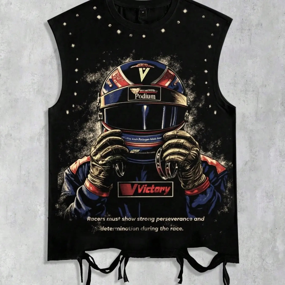 Retro racing style helmet with driver portrait print, distressed drawstring sleeveless vest, Victory slogan, Podium logo, distressed hem, men's black loose round neck casual top, unisex style, Streetwear, street style