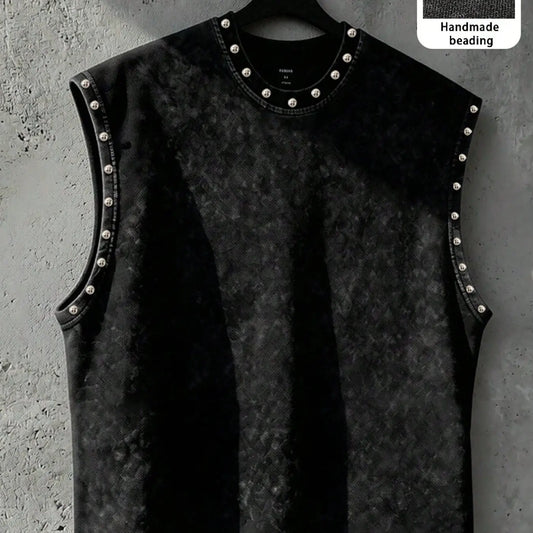 Unisex Y2K Summer Wear Casual Loose Oversized Silver Color Metal Rivet Decorative Lightweight Sleeveless Tank Top Vest, Plain Texture, No Sleeves, Fashionable Design