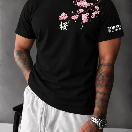 Men's Tokyo Cherry Blossom Fitted T‑Shirt, Casual Japanese Streetwear Tee, Breathable Soft Summer Top#CherryBlossomTee #TokyoStreetwear #JapanesePrintTShirt #FittedTee #TikTokMadeMeBuyIt #StreetwearFashion #SummerTees