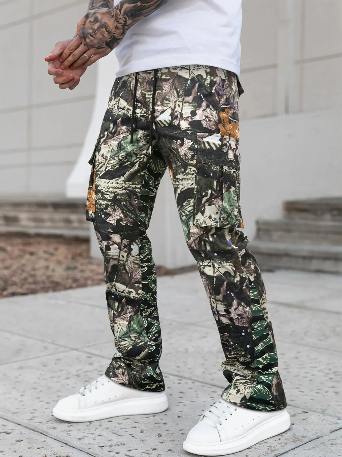 Unisex Regular Fit Flared Camo Print Camouflage Drawstring Waist Cargo Pants, Men's Street Fashion Casual Cargo Style Fashionable Pocket Trousers For Daily Wear, Fashion Men's Bottoms For All Seasons, Casual Streetwear Trousers, Streetwear Clothing