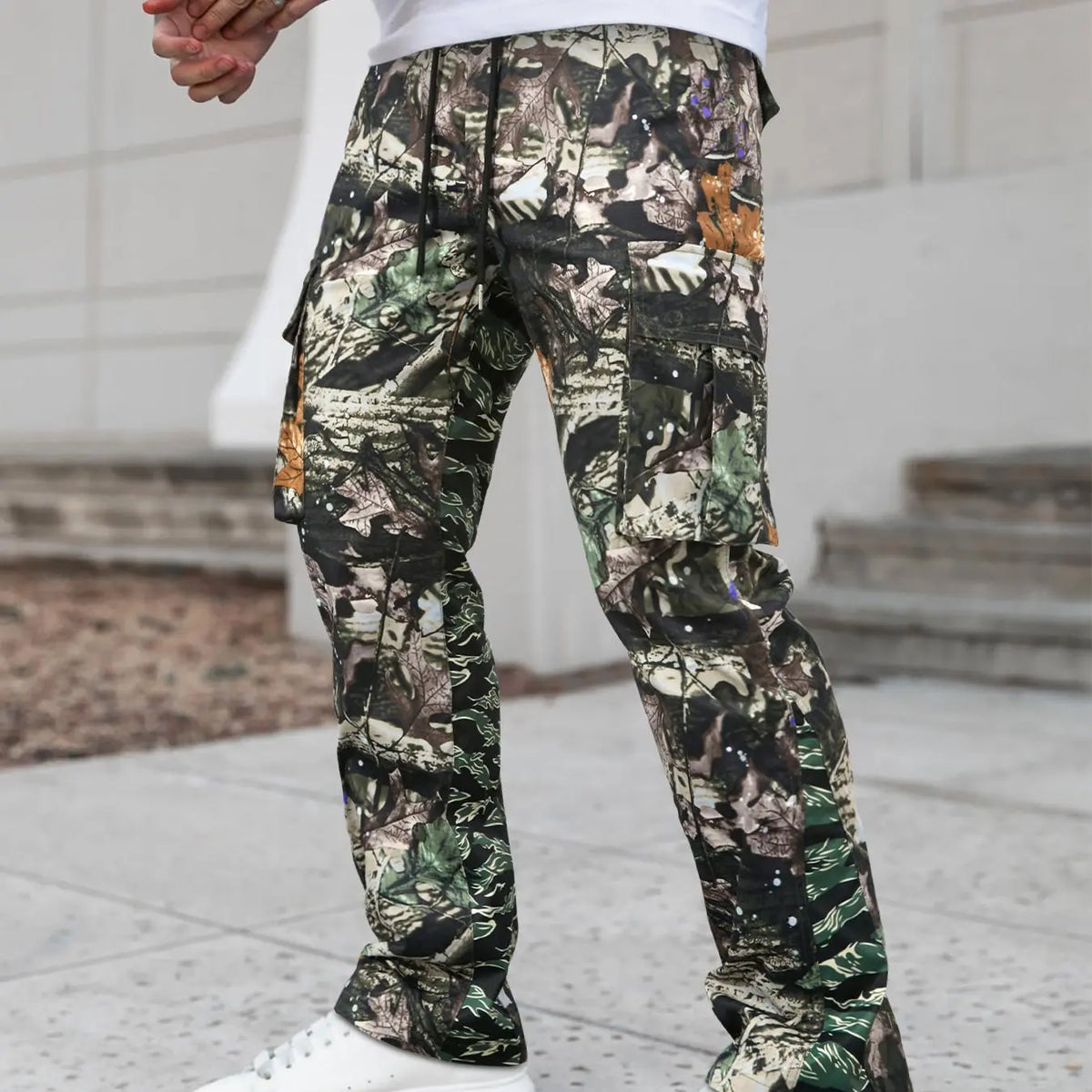 Unisex Regular Fit Flared Camo Print Camouflage Drawstring Waist Cargo Pants, Men's Street Fashion Casual Cargo Style Fashionable Pocket Trousers For Daily Wear, Fashion Men's Bottoms For All Seasons, Casual Streetwear Trousers, Streetwear Clothing