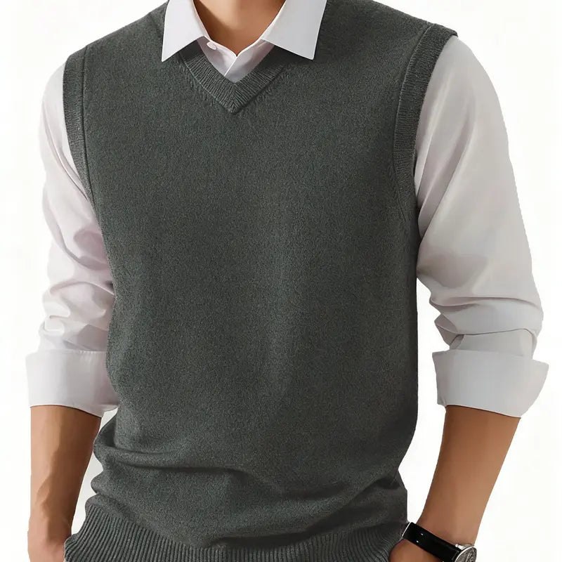 Men's Preppy V-Neck Soft Knit Vest - Layerable Sweater Vest, Polyester, Spring/Autumn Business Casual Sleeveless Menswear Basic Top