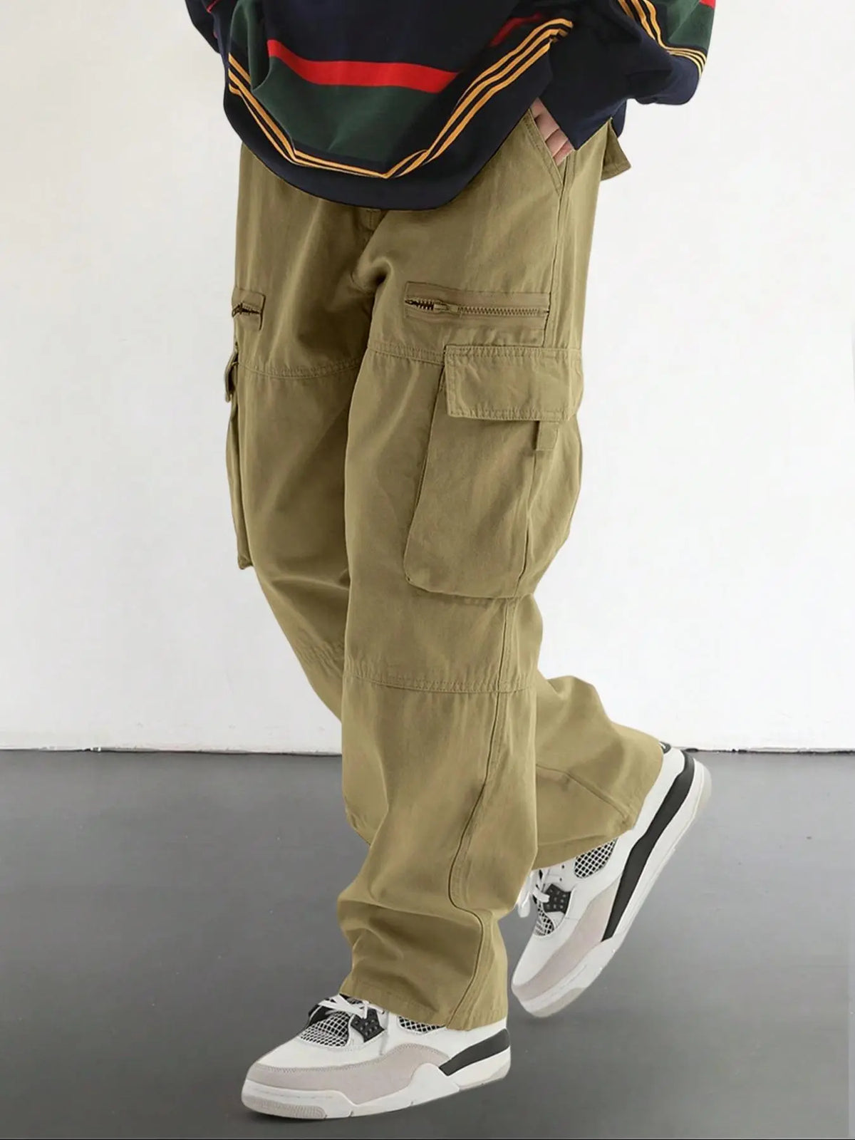 Men's Plain Loose Fitting Drawstring Waist Casual Cargo Pants, Loose Street Fashion Zipper Casual Slant Pocket Trousers, Pants for Men, Summer Work Outfits, Men's Bottoms, Casual Streetwear Trousers, Adjustable Waist Pants
